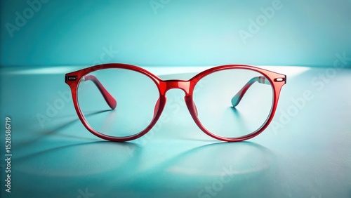 Stylish Red Eyeglass Frames on a Teal Surface A Close-Up Product Shot