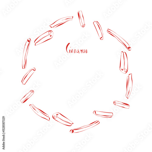 round cinnamon spice frame with red hand drawn sticks and handwritten text in center on white background in doodle sketch style