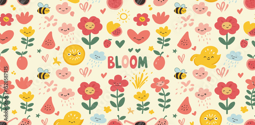 Set of naive retro doodles. Cute flowers, hearts, strawberry, cherry, smiling faces and other shapes. Abstract groovy decor. 70s disko party aesthetic. Funky vector elements for card, poster