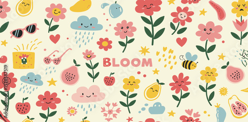 Set of naive retro doodles. Cute flowers, hearts, strawberry, cherry, smiling faces and other shapes. Abstract groovy decor. 70s disko party aesthetic. Funky vector elements for card, poster