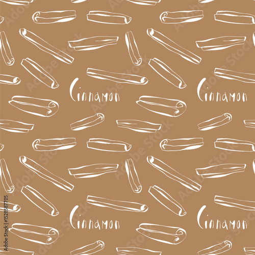 seamless cinnamon spice pattern with white doodle elements on warm cinnamon brown background in sketch style