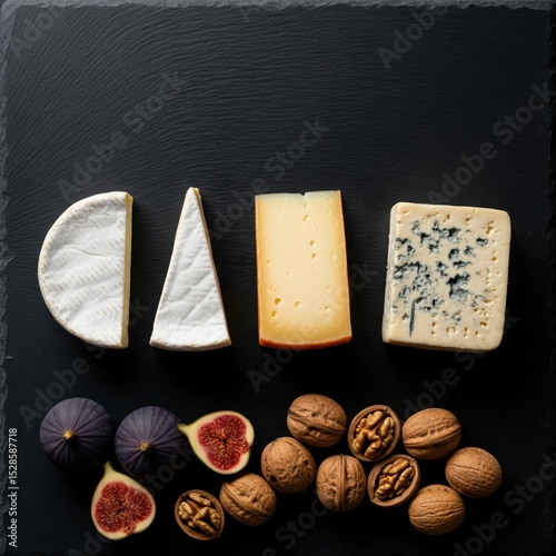 Elegant cheese platter featuring a variety of cheeses like brie and blue cheese, perfectly paired with fresh figs and walnuts
