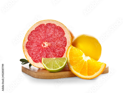 Fototapeta Naklejka Na Ścianę i Meble -  Wooden board with different cut citrus fruits and leaves on white background