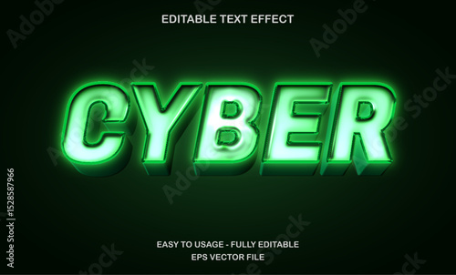 Cyber text, editable text effect template, 3d bold futuristic green neon light style typeface
