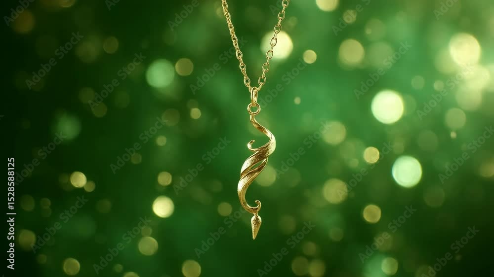 Gold necklace pendant against a green bokeh background