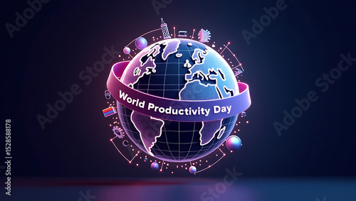 Colorful flat design for world productivity day, showcasing interconnected elements like a graph and upward trends, ideal for corporate themes and presentations