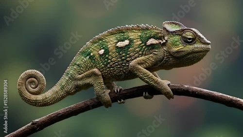 Chameleon Resting on Branch Closeup in Lush Habitat