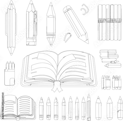 Back to School Line Art Illustrations of Pencils, Books, and Notebooks