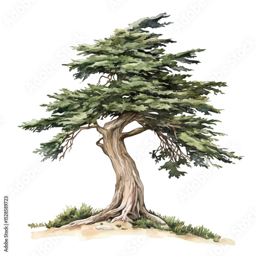 A Cedar Of Lebanon Tree, watercolor painting vector, high quality, isolated on a white background.