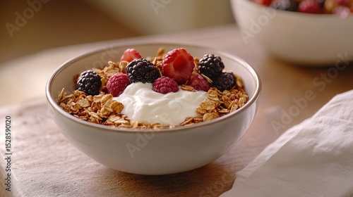 A bowl of granola topped with berries and yogurt