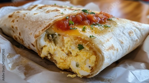 A delicious breakfast burrito filled with eggs and toppings in close up