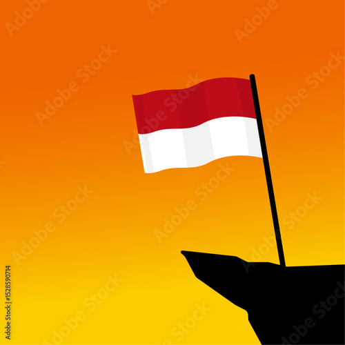 Vector illustration of the Indonesian flag fluttering on the edge of a cliff in the afternoon. Indonesian independence day design concept.