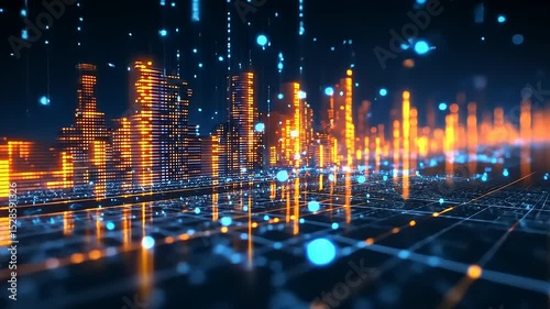 Wallpaper Mural Futuristic Technology Cityscape with Glowing Lights, Data Transmission, and Cyberpunk Vibe Torontodigital.ca