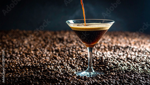 Espresso martini waterfall pouring into coffee bean reservoir. Food Concept. Generated Image