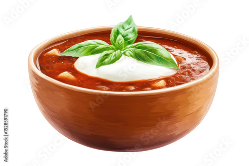 Spicy chili bowl with basil and sour cream isolated on transparent background