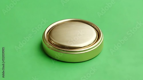 Golden circular button on a green surface