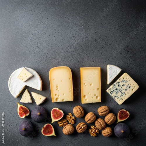 Elegant cheese platter featuring a variety of cheeses like brie and blue cheese, perfectly paired with fresh figs and walnuts
