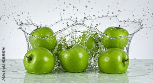 Invigorating Splash: Fresh Green Apples Captured in a Watery Burst of Refreshment photo