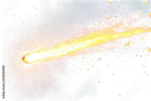 A meteor streaks across the sky leaving a trail of sparks and flames isolated on a transparent background
