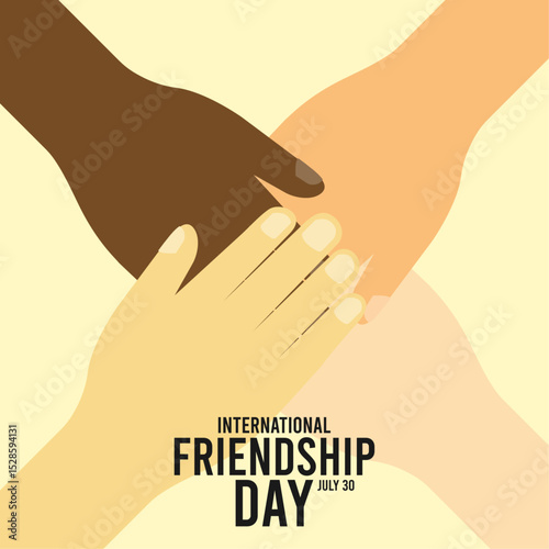 International friendship day. Hands overlapping each other on yellow background. July 30. Flat design vector illustration.