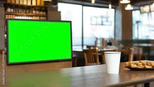 Empty green screen display on a wooden table in a cafe