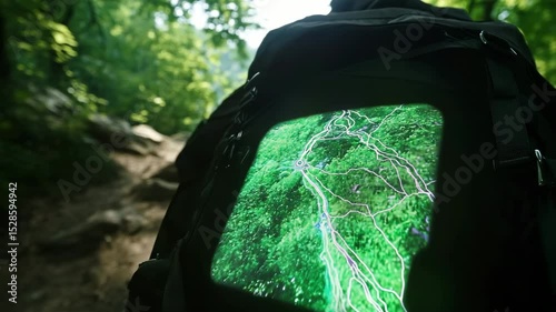 Projected map on a backpack in a forest