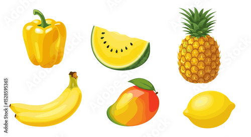 Illustration of yellow fruits and vegetables including pineapple mango banana lemon and bell pepper art