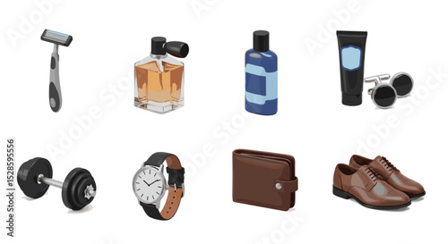 Men's grooming and accessories collection featuring cologne, razor, shoes, wallet, watch, and dumbbells