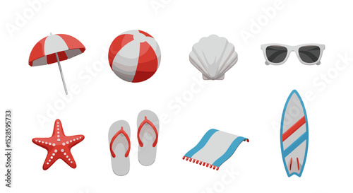 Beach vacation summer essentials vector illustration featuring umbrella ball seashell and sunglasses with surfboard towel