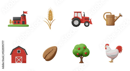 Farm and agriculture vector illustration with tractor barn wheat tree and farm animals icons set for design