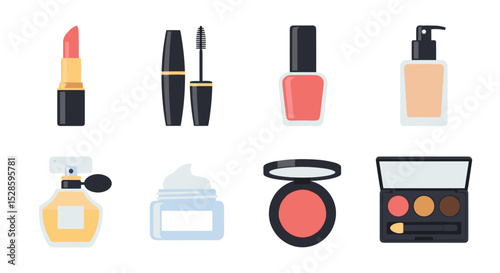 Beauty and makeup products vector illustration featuring lipstick mascara nail polish and other cosmetics items