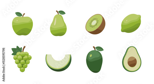 Illustration of green fruits apple pear kiwi mango grapes melon avocado healthy eating vegan diet food
