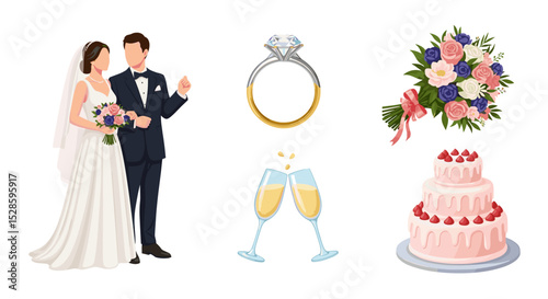 Wedding celebration with bride groom ring cake flowers champagne for love marriage ceremony and party