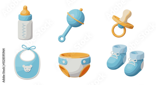 Baby accessories set vector illustration featuring bottle rattle pacifier bib diaper and shoes for new born