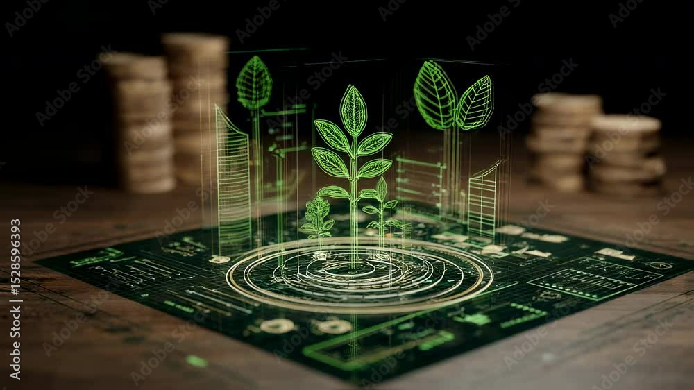 Green digital leaves glowing inside high tech interface cube, signaling sustainable investment strategy with coin stacks representing financial growth and environmental consciousness
