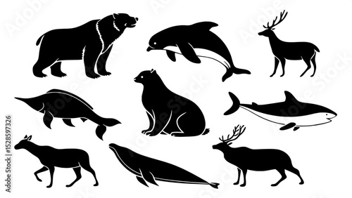 "Create a collection of twelve arctic animal silhouettes in minimalist black graphic style, each shown in a distinct pose, from a bird’s eye view, arranged symmetrically on a white background."






