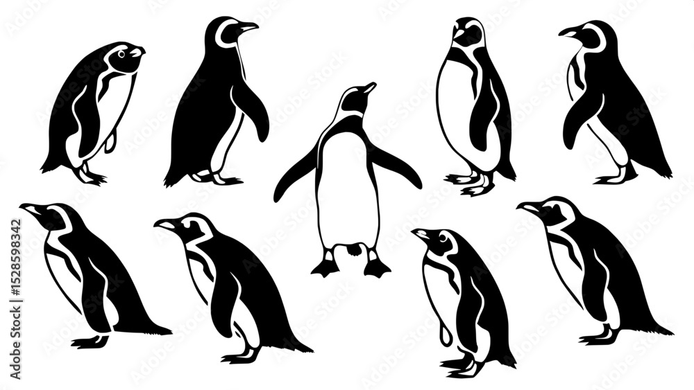 Naklejka premium Design a series of twelve penguin silhouettes with graphic minimalism, including variations in body posture, orientation, and species, all viewed from above and evenly spaced on a blank canvas.
