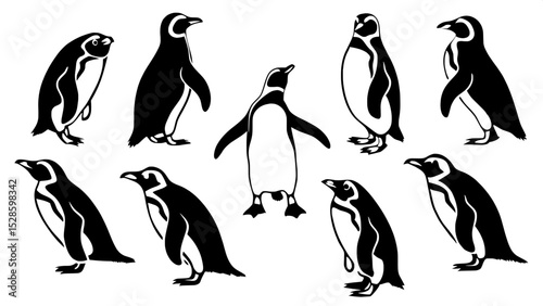 Design a series of twelve penguin silhouettes with graphic minimalism, including variations in body posture, orientation, and species, all viewed from above and evenly spaced on a blank canvas."





