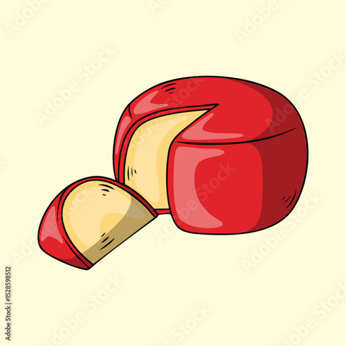 Hand Drawn Illustration of Whole Edam Cheese with Slices