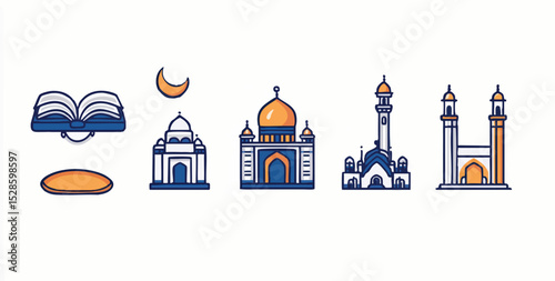 Book prayer mat crescent  3 mosques in blue orange  white are centered on a white background