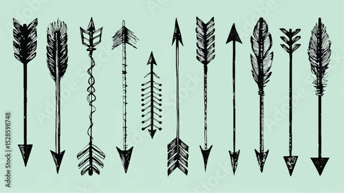 Several handdrawn arrows with varying patterns and feather designs against a solid background