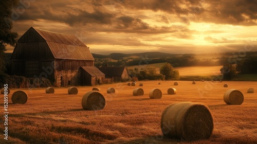 Golden hay bales, rustic barn at sunset