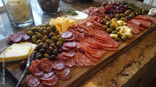 Assorted cured meats, cheeses, and olives on a wooden board (1)