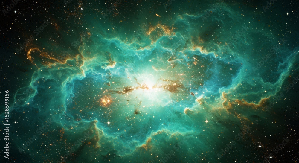 Obraz premium Ethereal cosmic cloudscape with turquoise, emerald, and gold accents against deep space