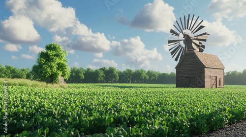 Tranquil rural landscape with windmill