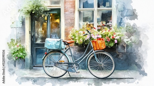 Charming bike parked outside a quaint European storefront