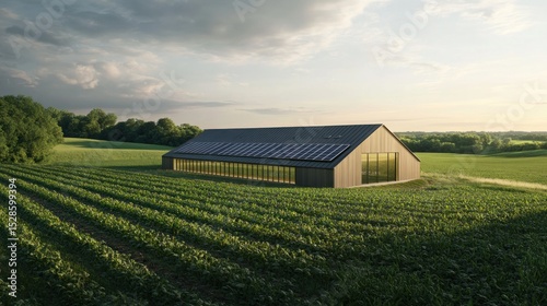 Modern barn on a cornfield, sustainable design