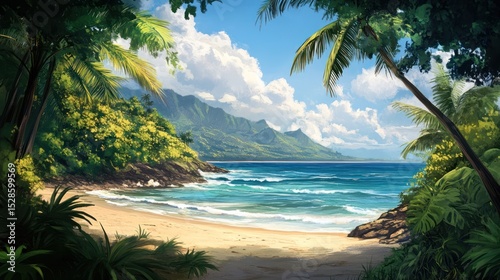 Tropical beach paradise, lush greenery, calm ocean