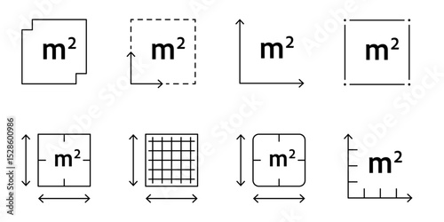 Flat surface measuring symbol with M2 sign. Square meter icon representing land, real estate, room, or house size. Clean linear vector design