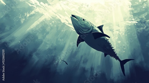 Underwater tuna in sunlit depths